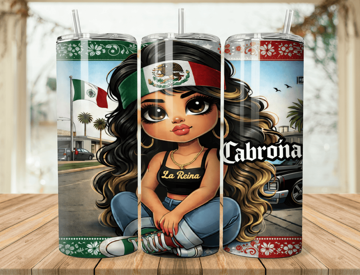 20oz tumbler with Latina chibi in blue jeans and long black hair; Dominican Republic flag-themed