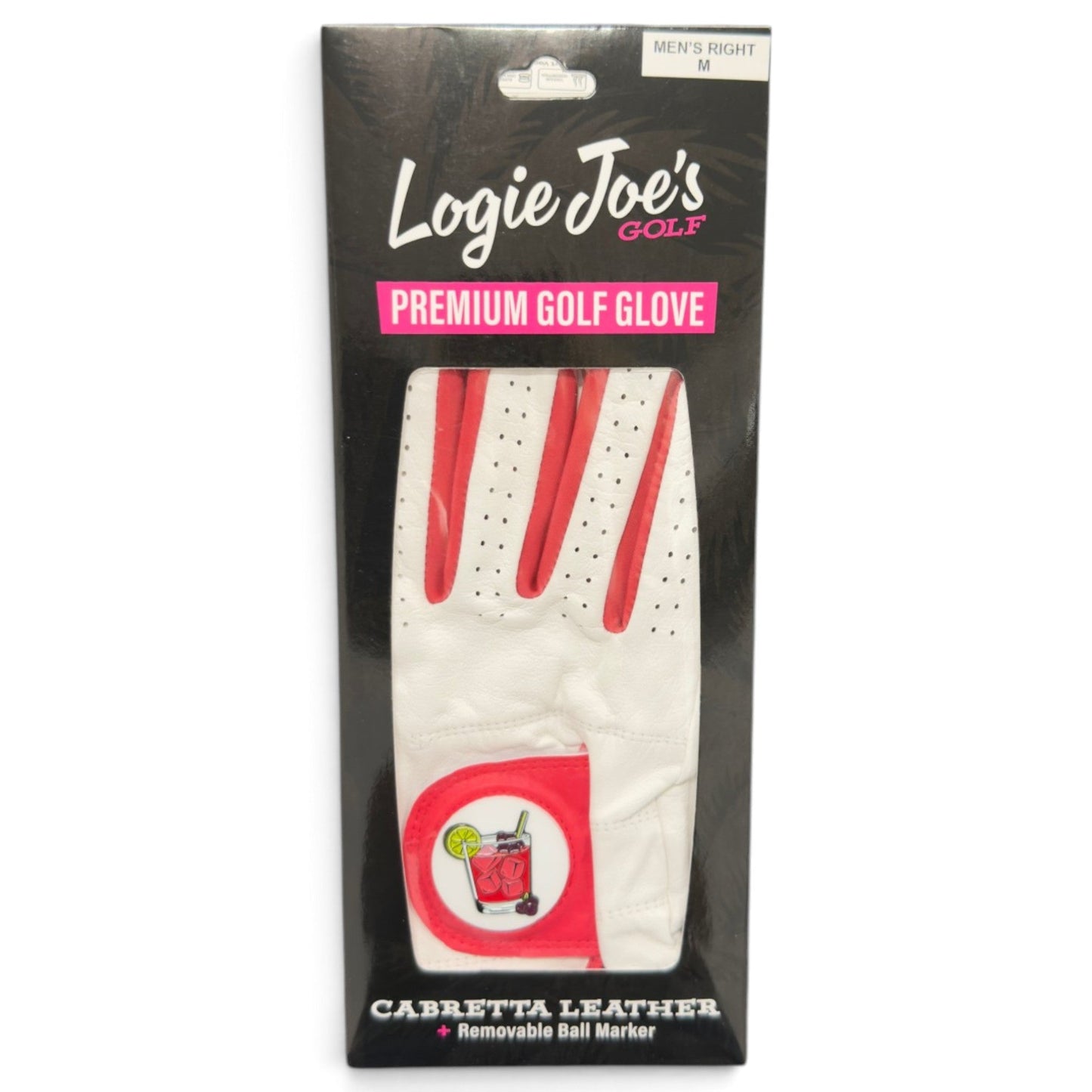 Men's right premium golf glove box, Cabretta leather, with removable ball marker.