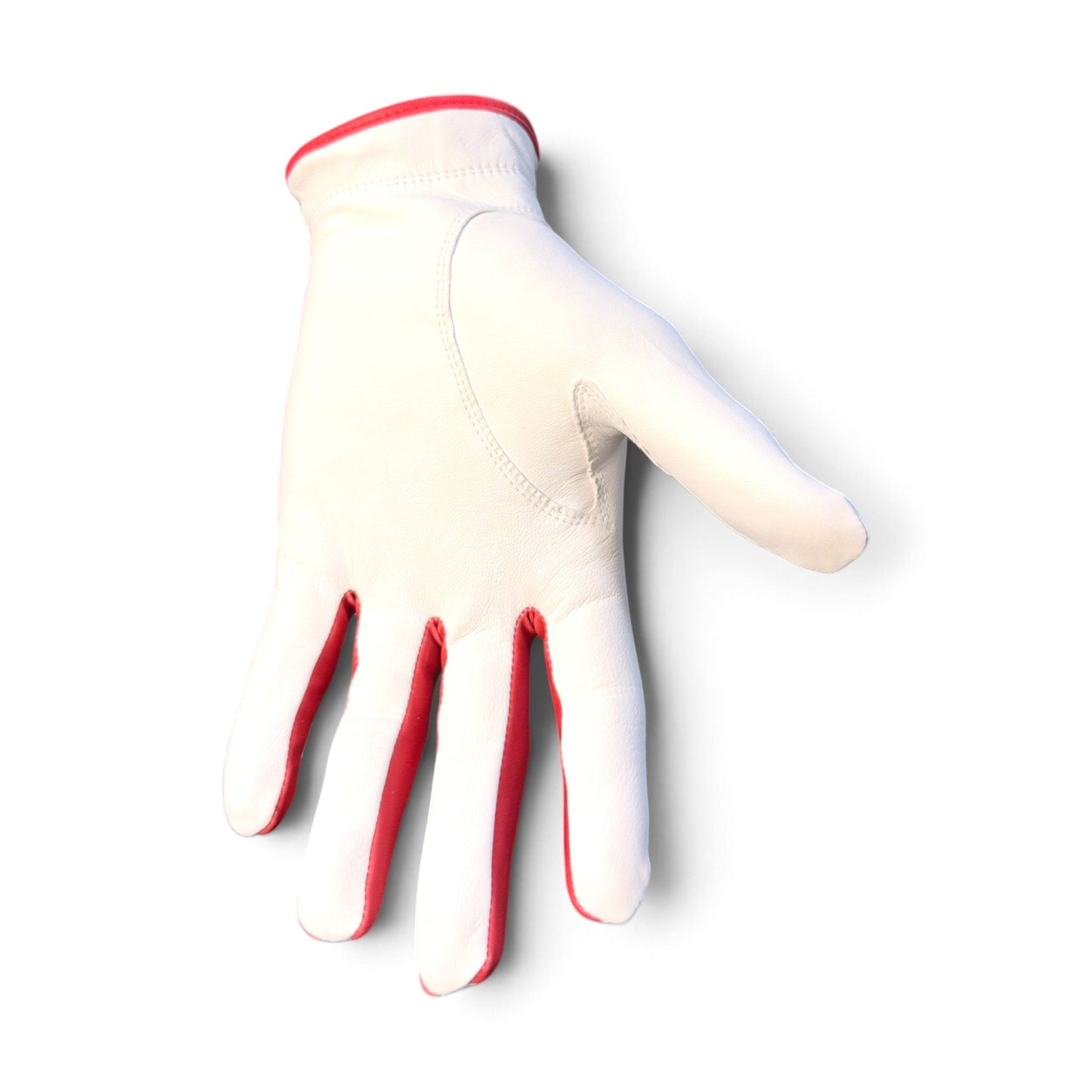 White golf glove with red trim and red finger seams; single glove close-up.
