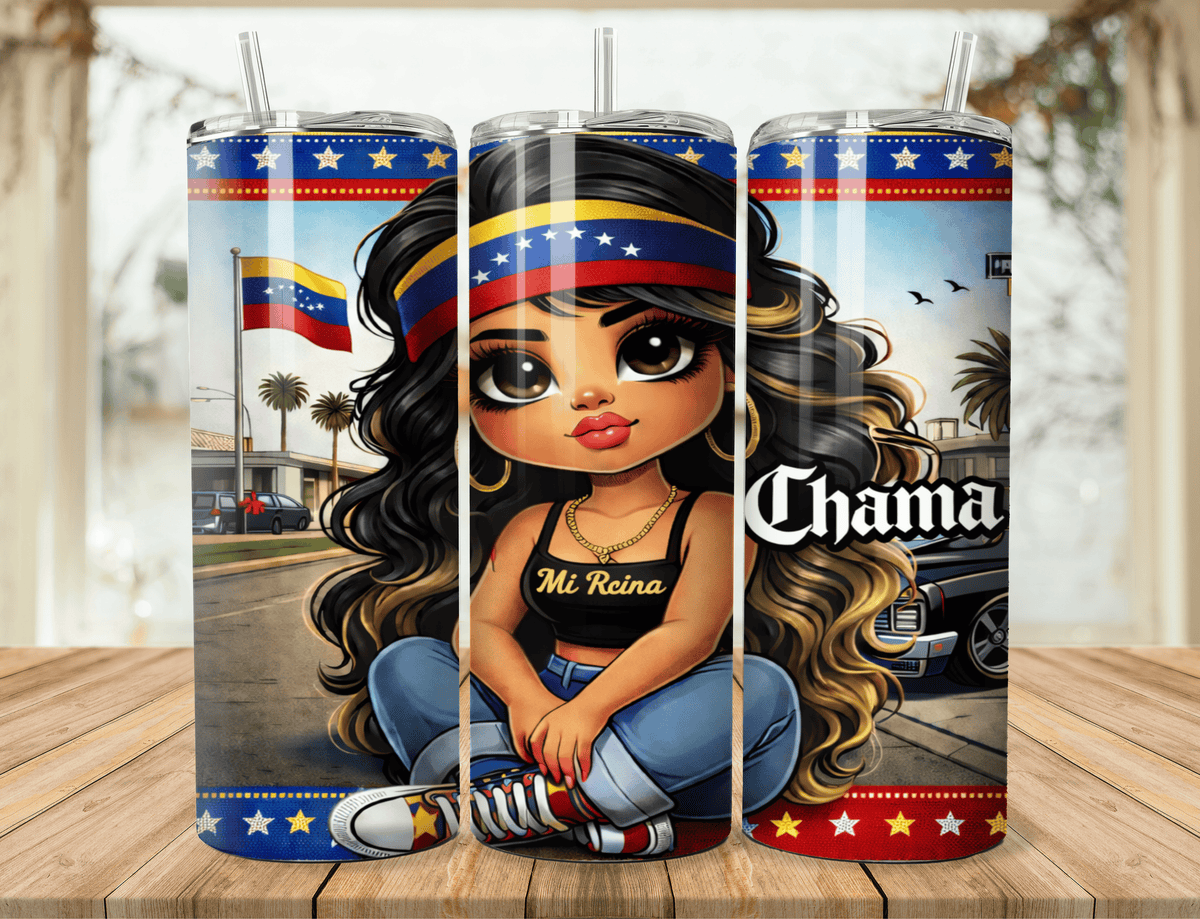 20oz tumbler with Latina chibi in blue pants and long black hair; Cuba flag-themed design