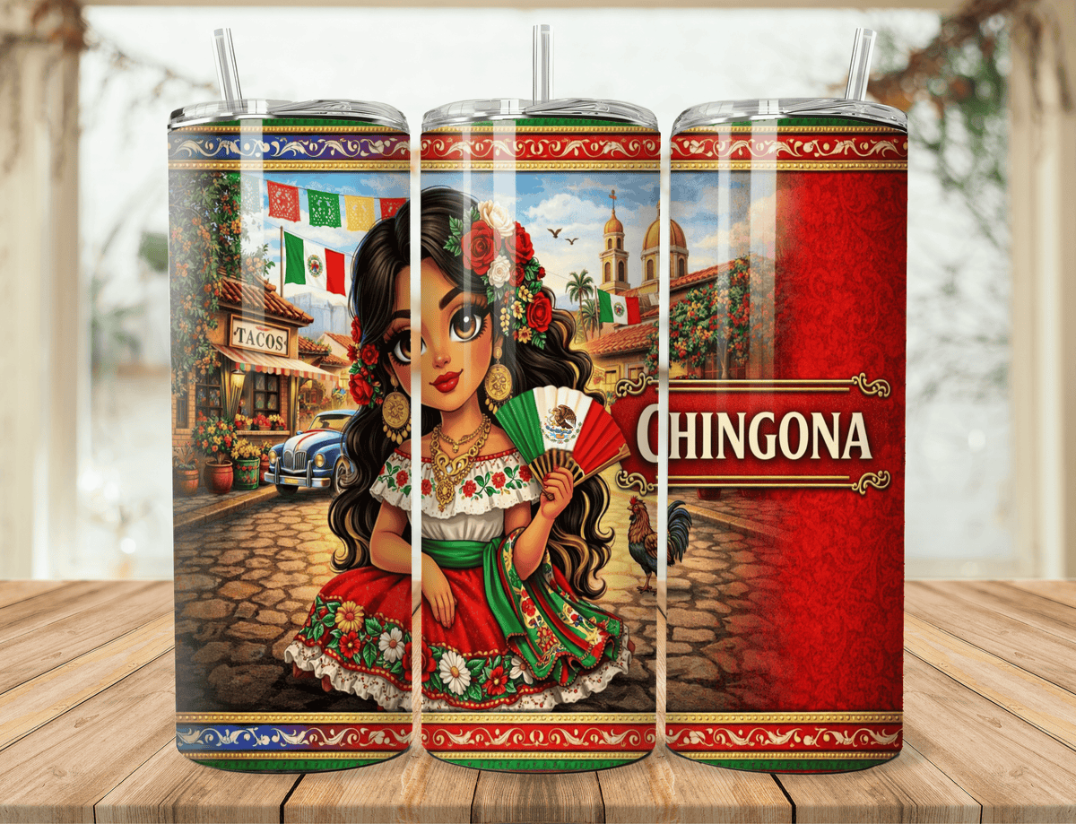 20oz tumbler with Latina chibi holding drink; green dress and long black hair; Mexico-themed