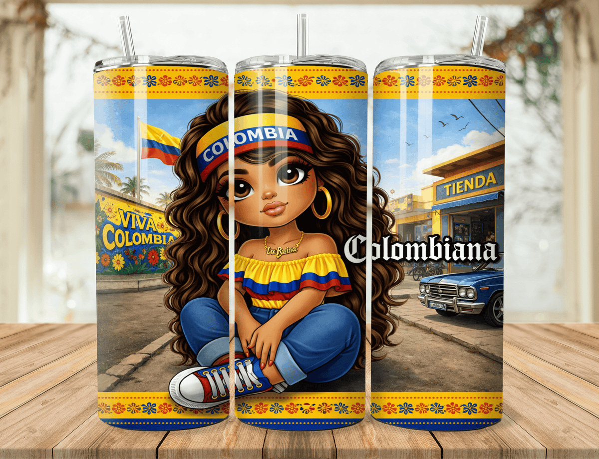 20oz tumbler with Latina chibi in blue outfit and long black hair; Colombia flag-themed wrap