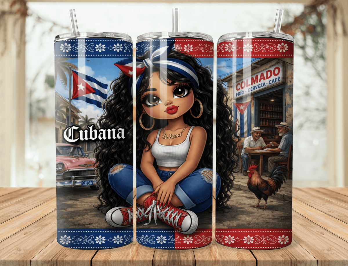 20oz tumbler set with Latina chibi kneeling; Cuba flag colors and long black hair wrap