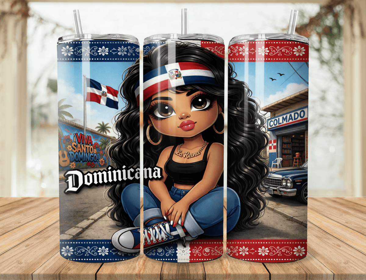 20oz tumbler with Latina chibi sitting pose; Dominican Republic flag colors and long black hair