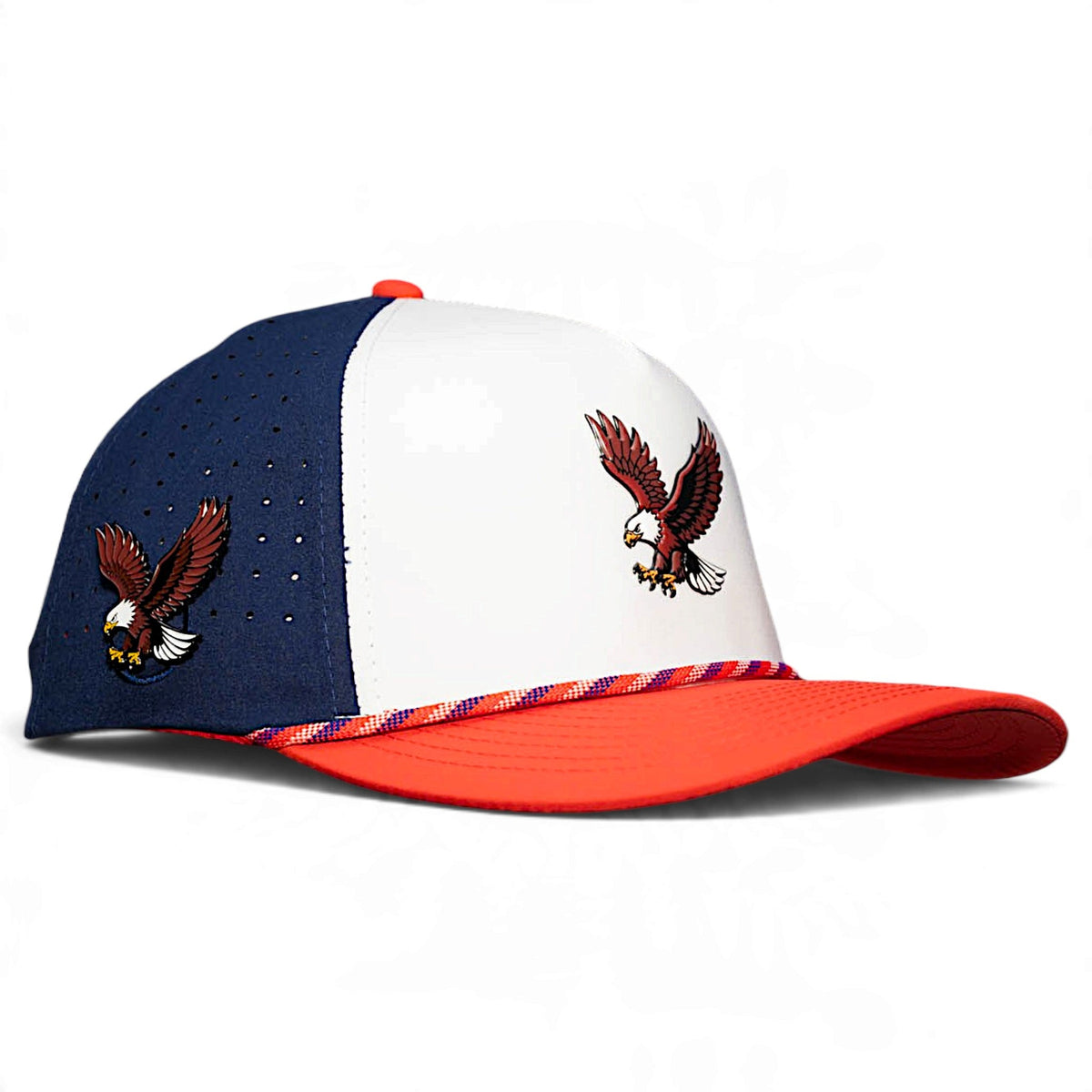 Two-tone navy and white snapback golf cap with red brim and eagle patch