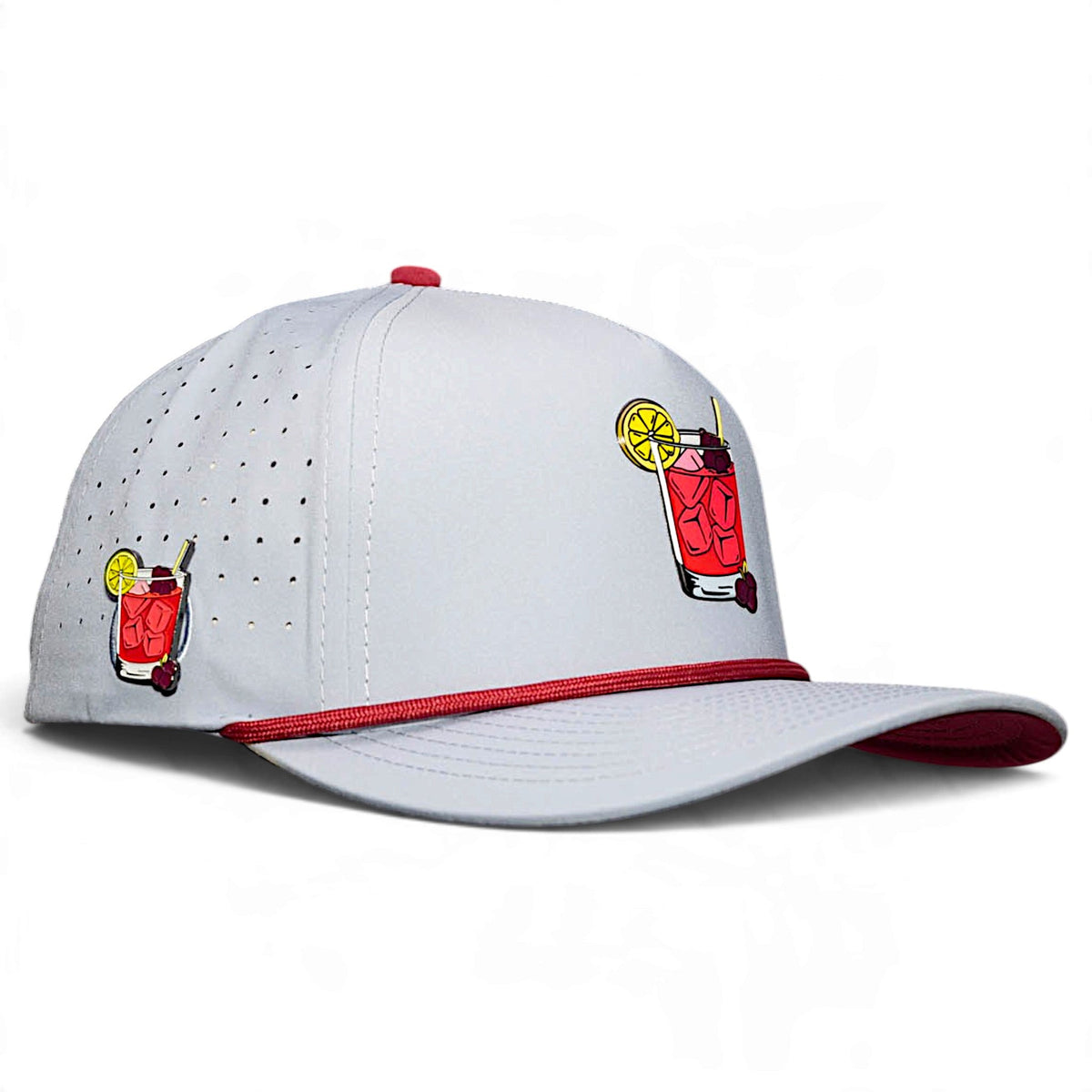 Light gray snapback golf cap with red brim underside and red front mascot graphic