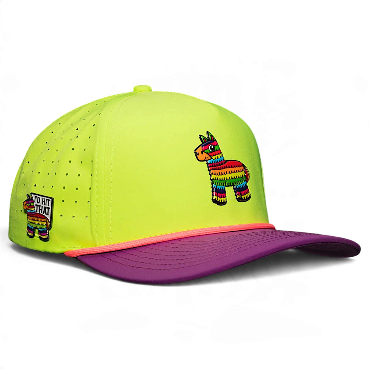 Lime green snapback golf cap with purple brim and multicolor llama front patch