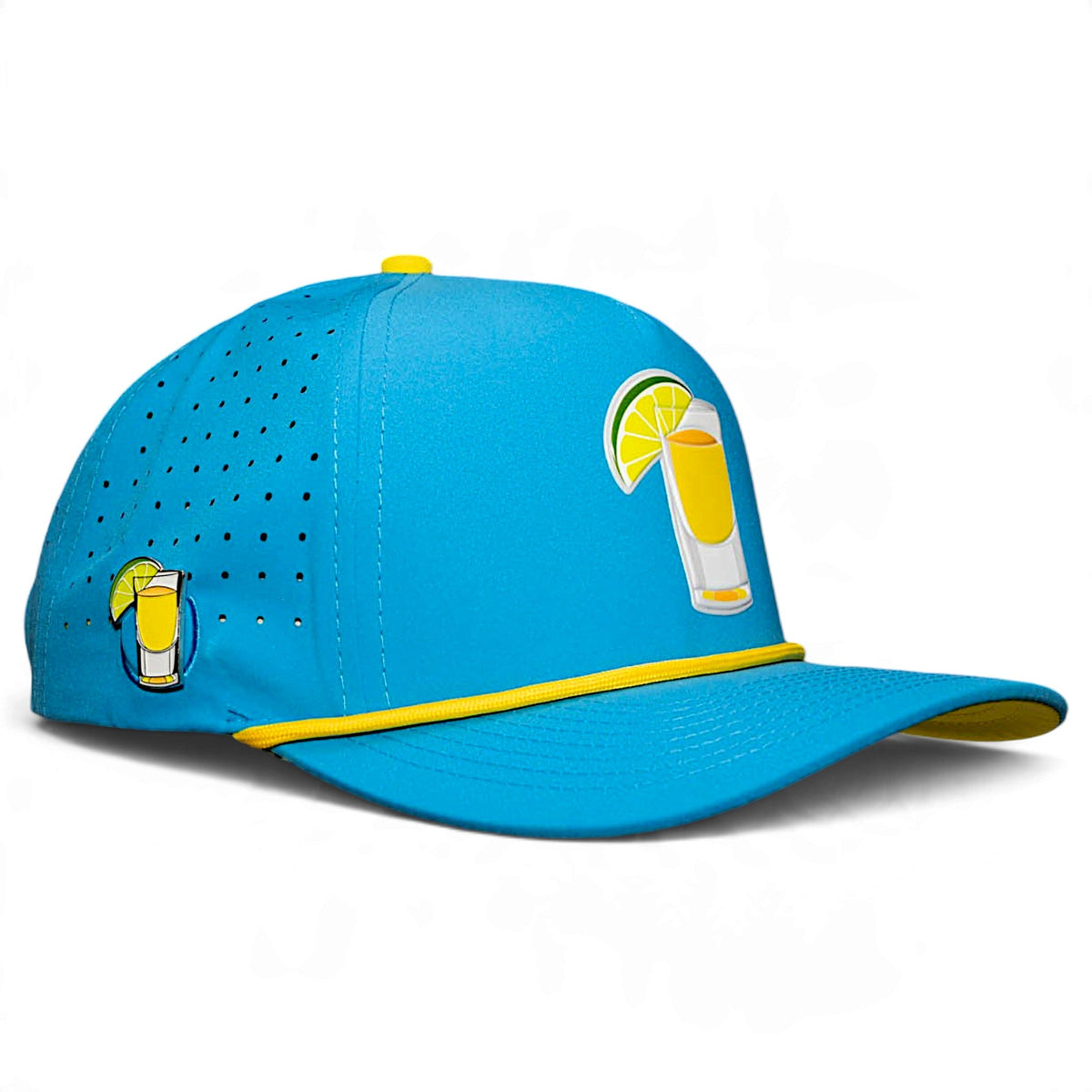 Blue snapback golf cap with tequila shot and lime graphic on front and side panel
