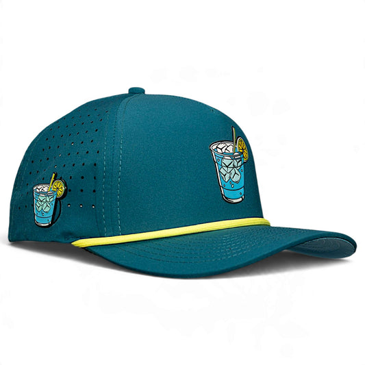 Teal golf snapback cap with yellow brim and drink graphic patches