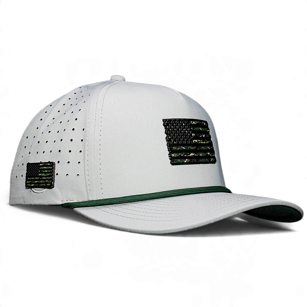 Light gray snapback golf cap with perforated panels and green underbrim, embroidered camo patches