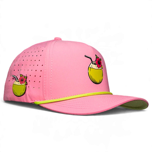Pink snapback golf cap with cocktail drink graphic and perforated panels