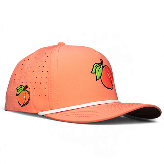 Peach snapback golf cap with embroidered chili pepper and black under brim
