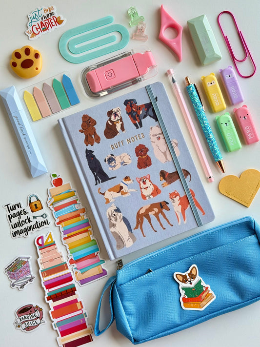 Dog-themed notebook bundle with illustrated dog cover, pencil case, and stationery