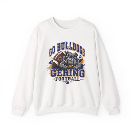 An off-white crewneck sweatshirt featuring a 'Go Bulldogs Gering Football' graphic with a bulldog mascot, football, and paint splatters on the front.