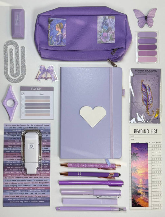 Lavender stationery set with zip pouch, notebook, and pens, plus bookmarks and stickers