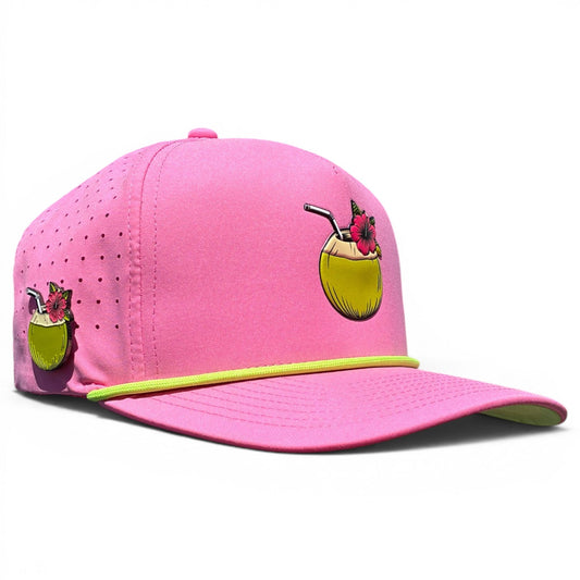 Pink golf snapback hat with coconut cocktail patch on front and green underbrim
