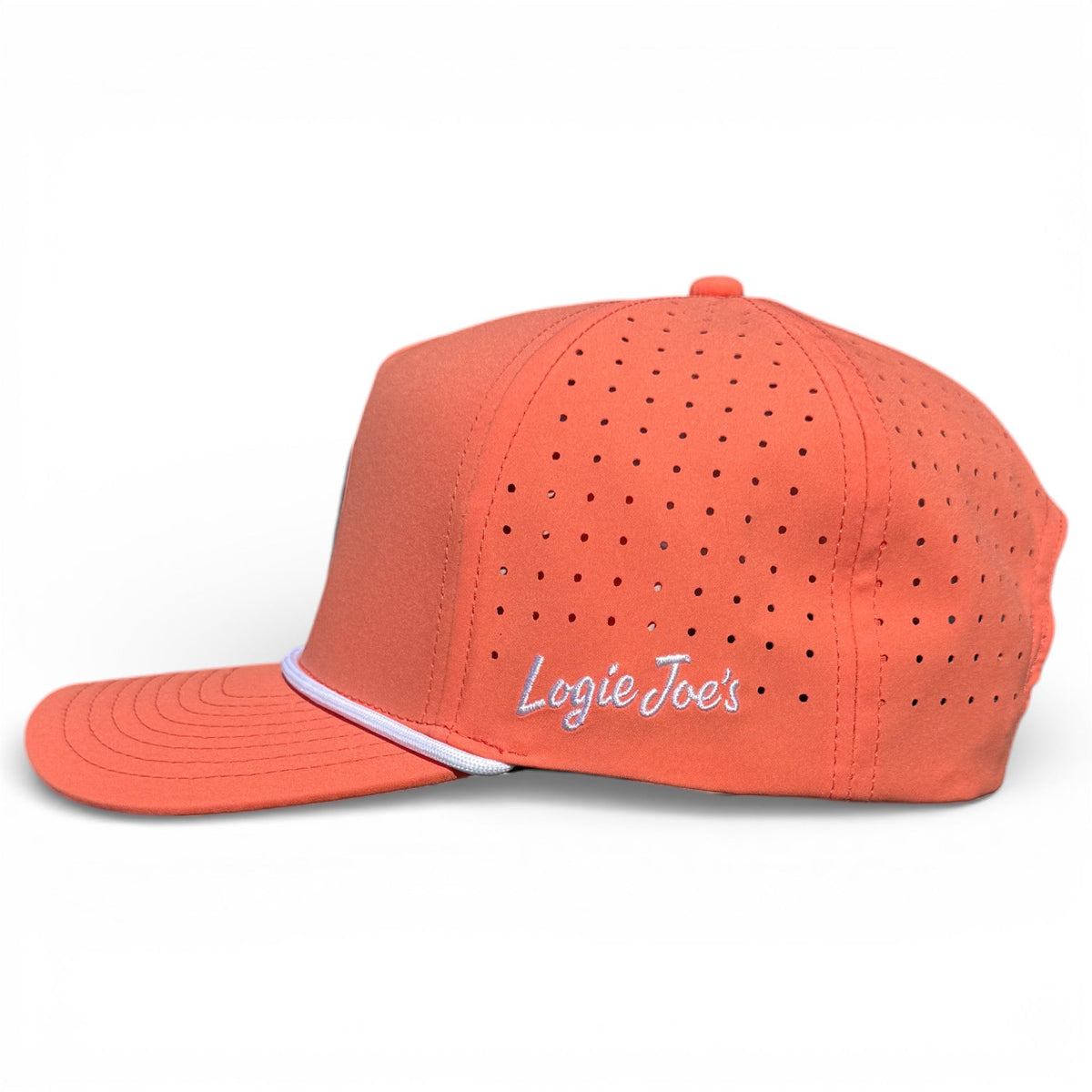 Orange snapback golf cap with perforations and “Logie Joe's” logo on side