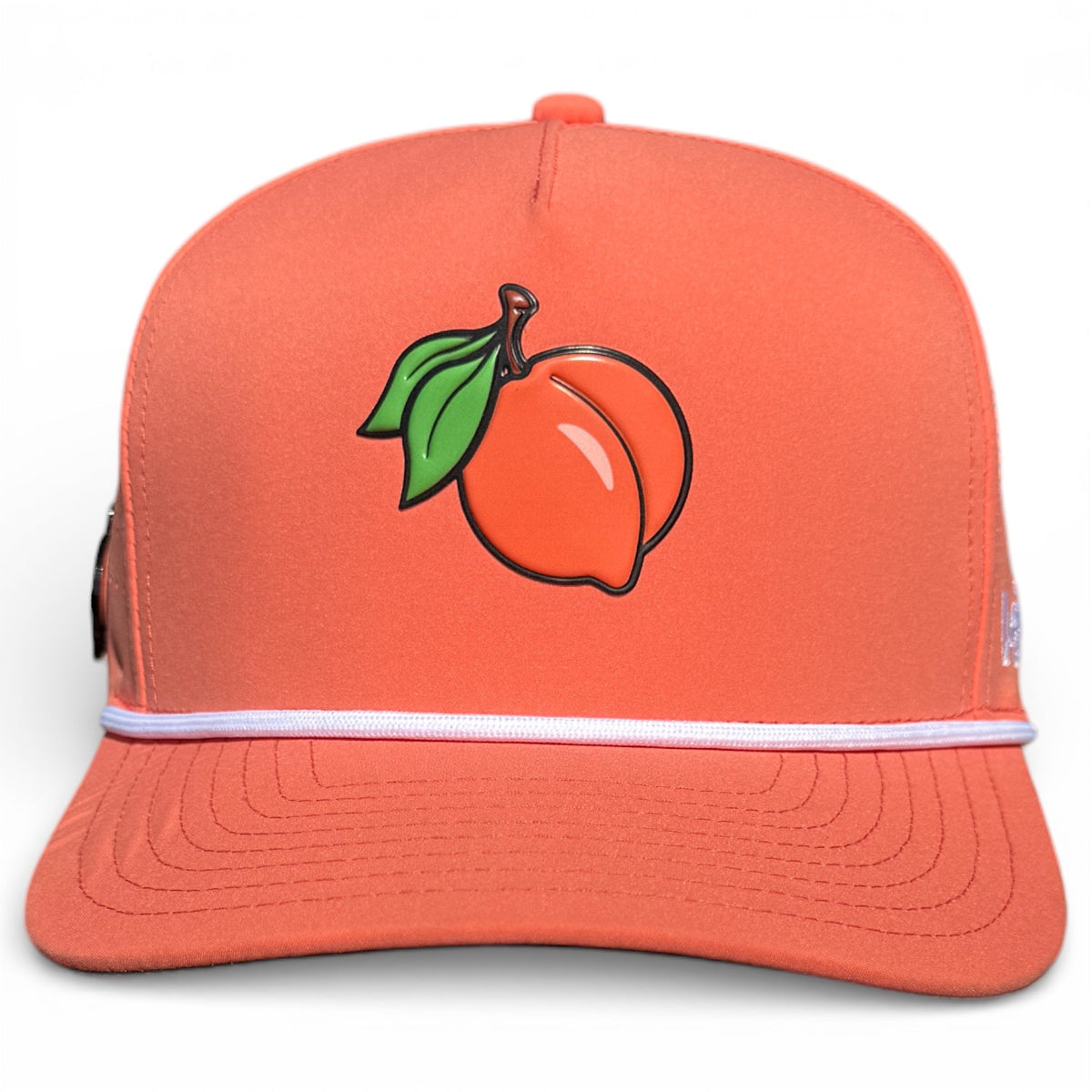 Orange snapback cap with fruit logo front patch and white trim band