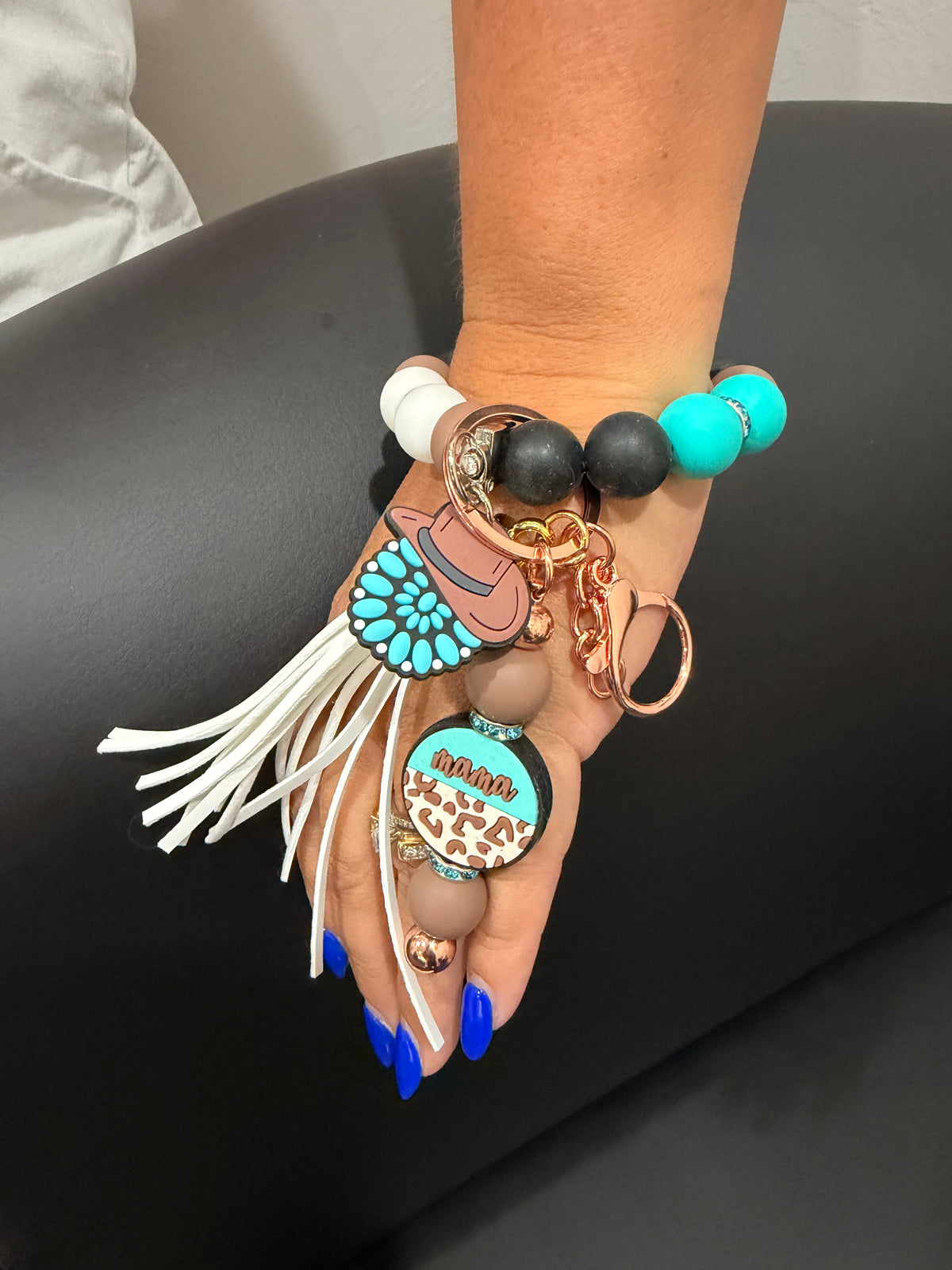 Boho wristlet keychain with turquoise beads, feather tassel, heart charms, keyring