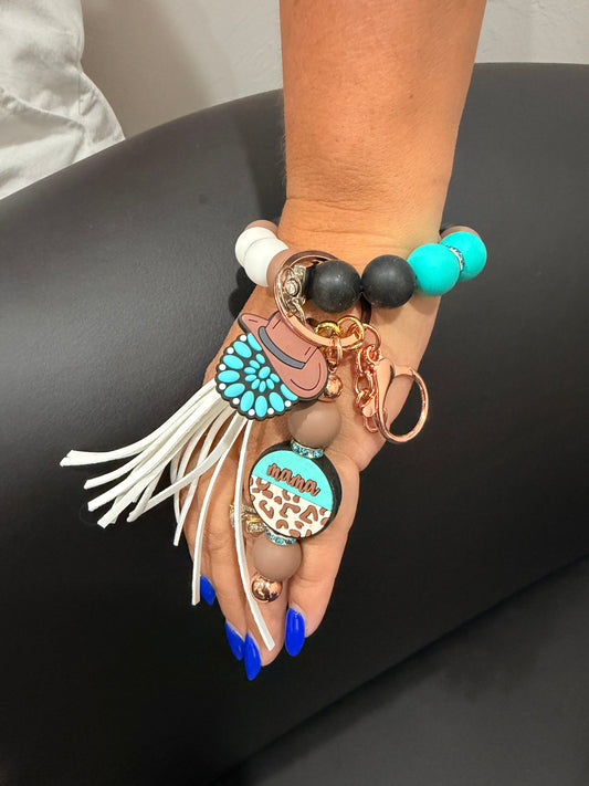 Boho wristlet keychain with turquoise beads, feather tassel, heart charms, keyring
