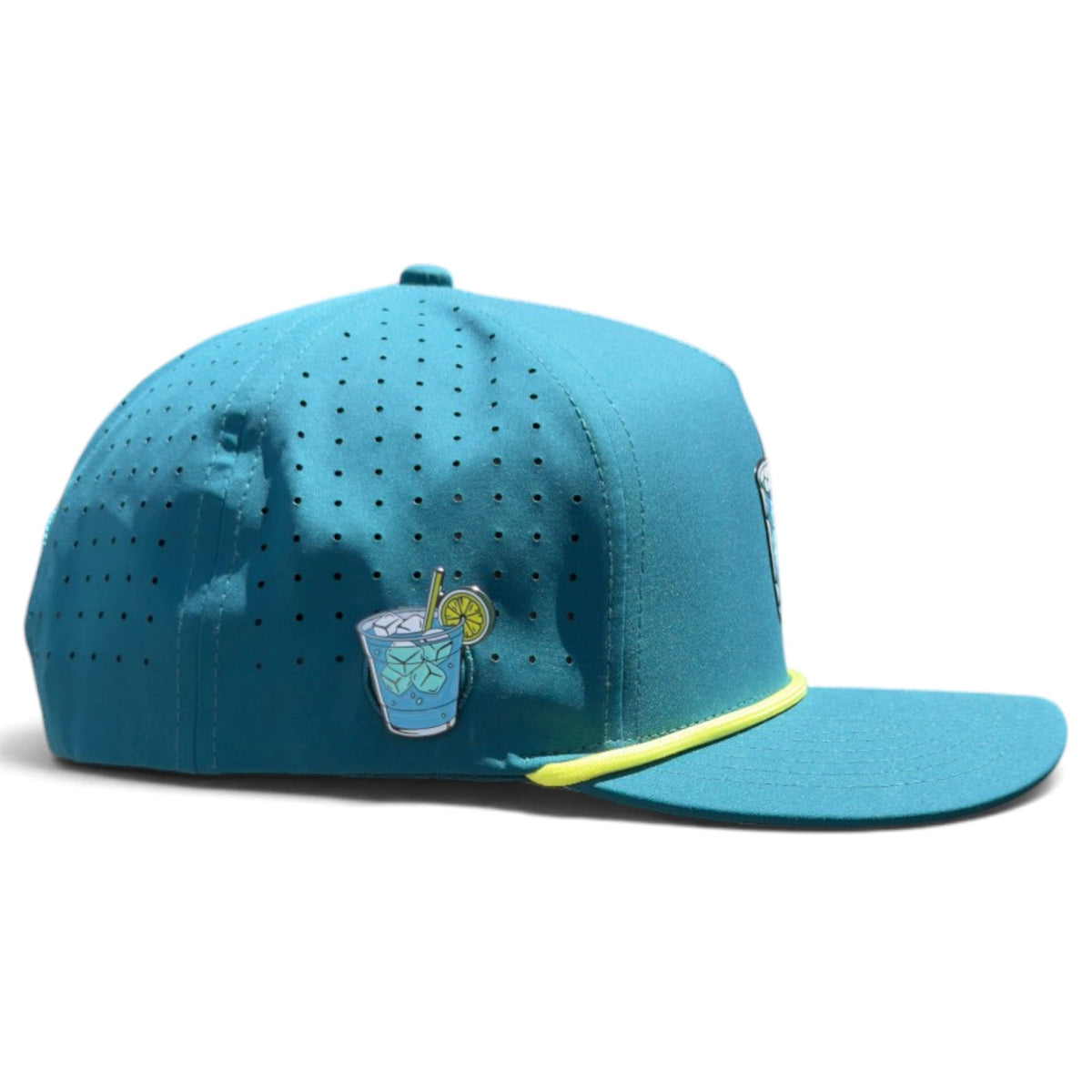 Blue snapback golf cap, side view with cocktail emblem and neon yellow brim