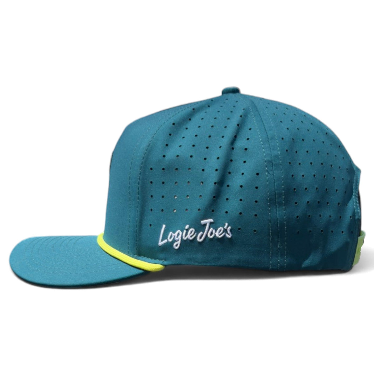 Blue snapback golf cap with stitched front text logo and neon yellow brim