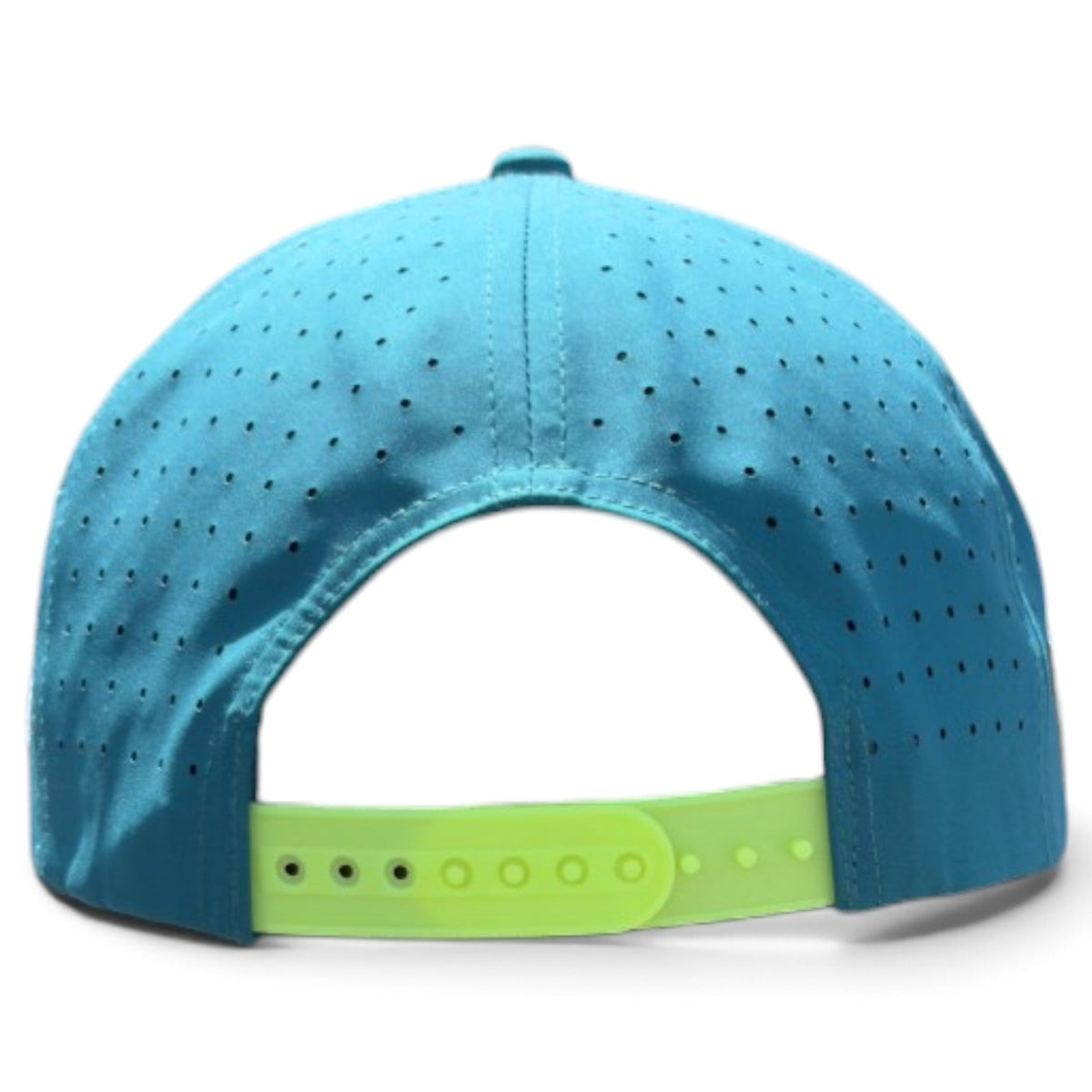 Blue snapback golf cap with perforated crown and neon green adjustable strap