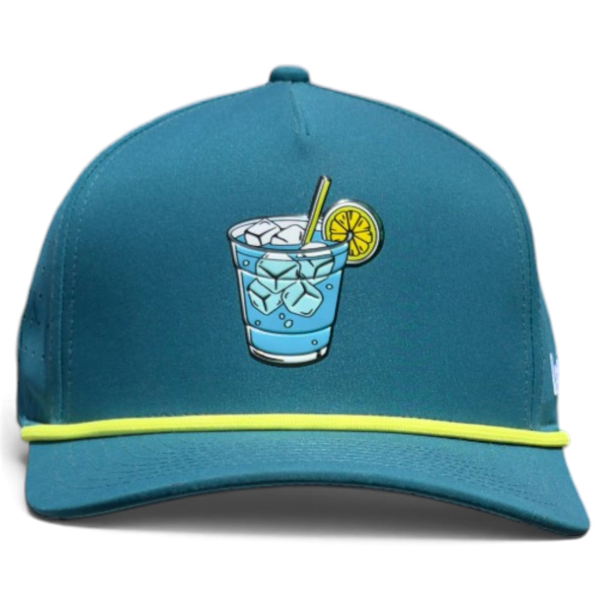 Blue snapback golf cap with front cocktail drink emblem and neon yellow brim