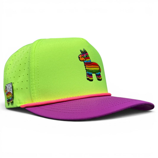 Snapback golf cap, neon green crown with purple brim and colorful llama front patch