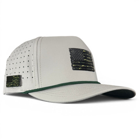 Light gray snapback golf cap with perforated sides and green-trimmed brim, front flag patch