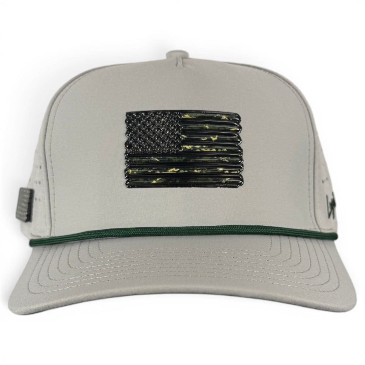 Light gray snapback golf cap, perforated back with embroidered flag patch and green brim trim