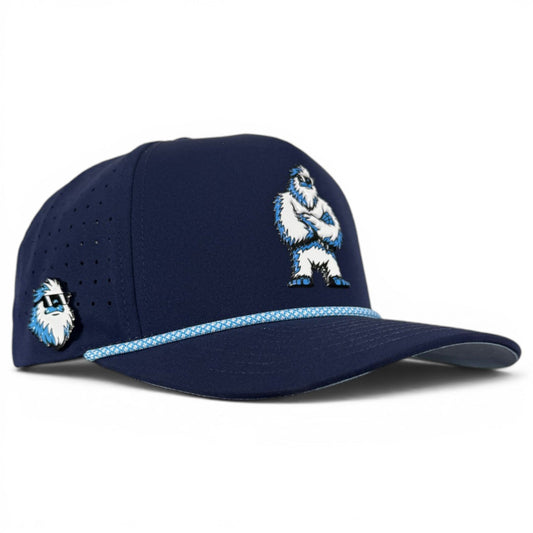 Navy golf snapback cap with perforated crown and stitched snowman patch at front