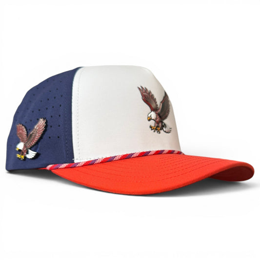 Two-tone golf snapback hat with eagle patch and red white blue stripe brim