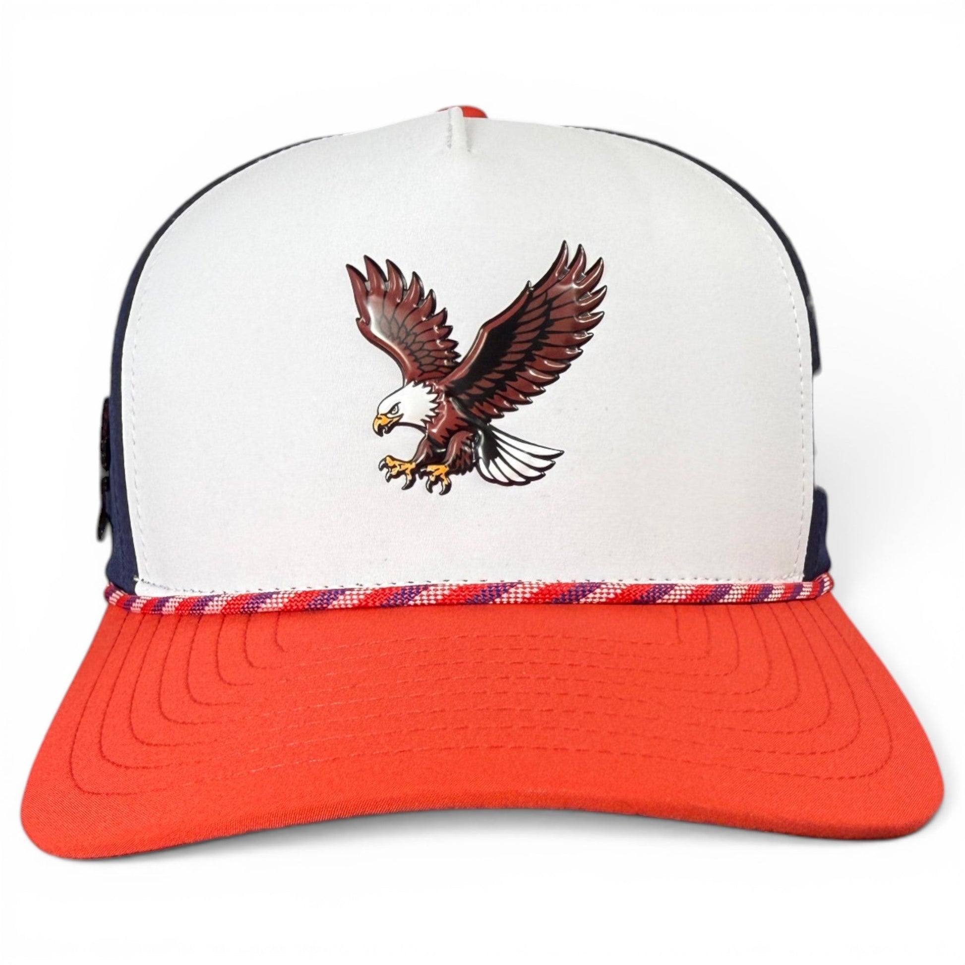 Two-tone snapback hat with large eagle embroidery on white front panel