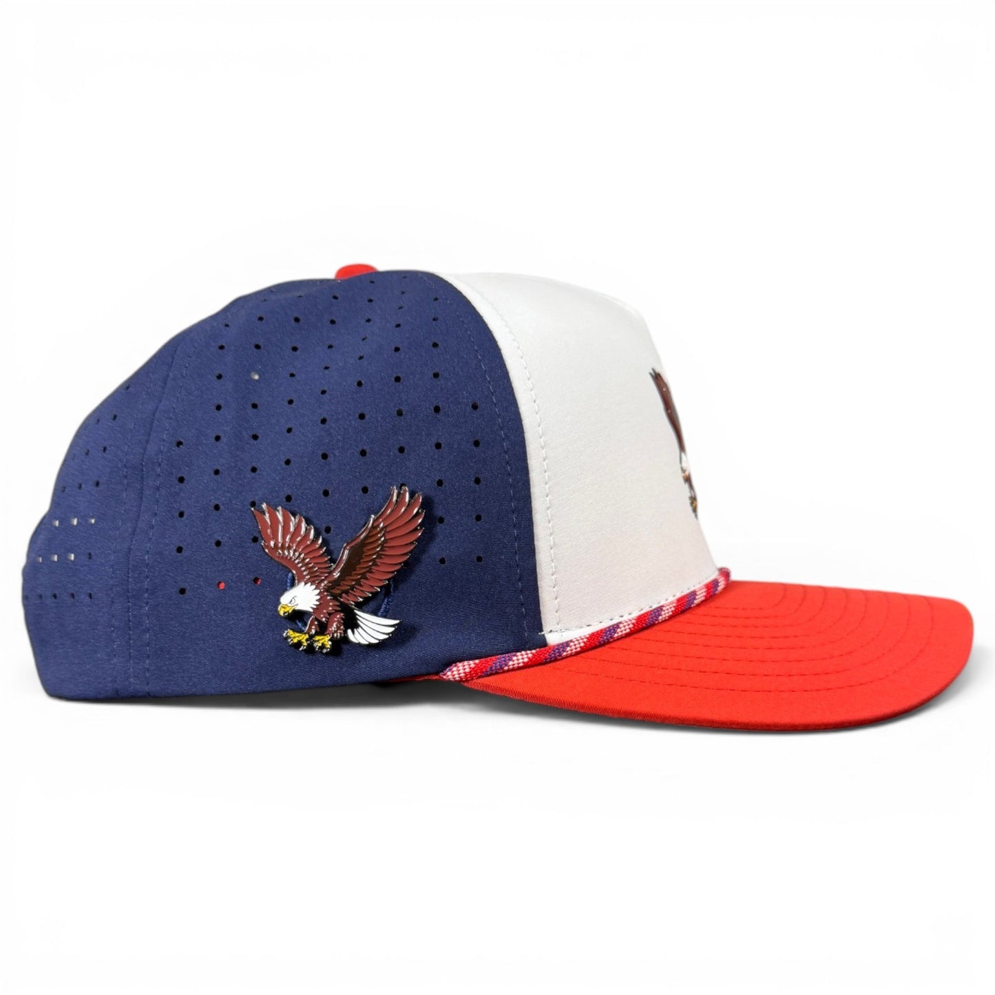 Navy and white snapback hat with eagle embroidery and red striped brim