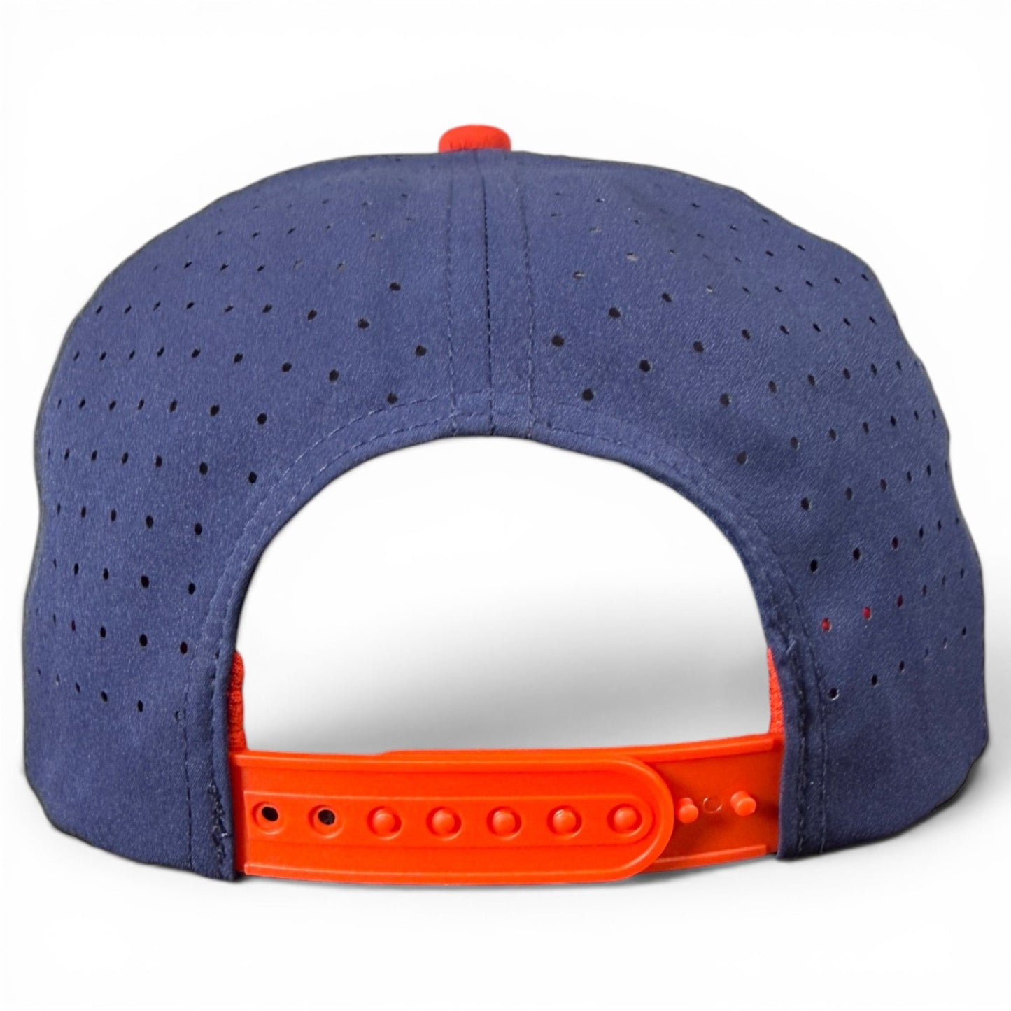 Back view navy snapback cap with orange adjustable snap strap