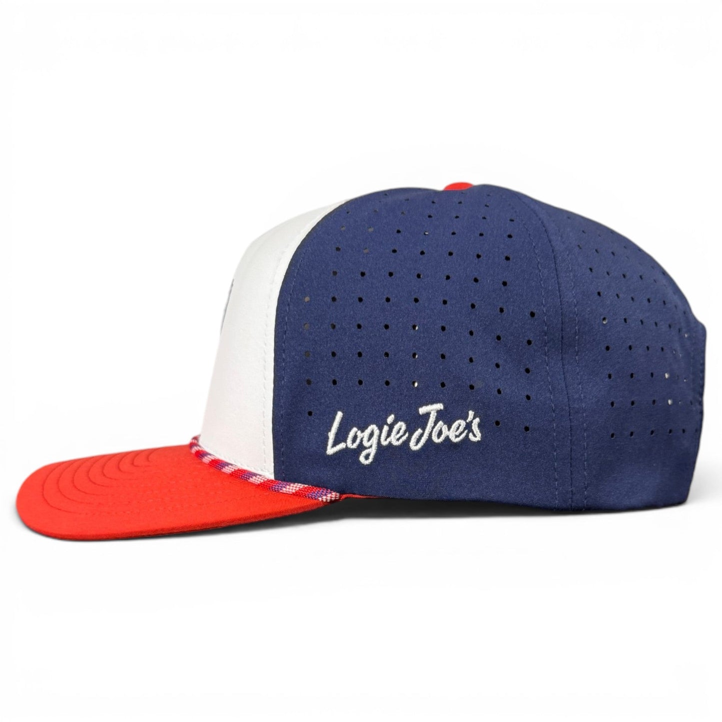 Navy snapback golf hat with white panel and 'Logie Joe's' script on side
