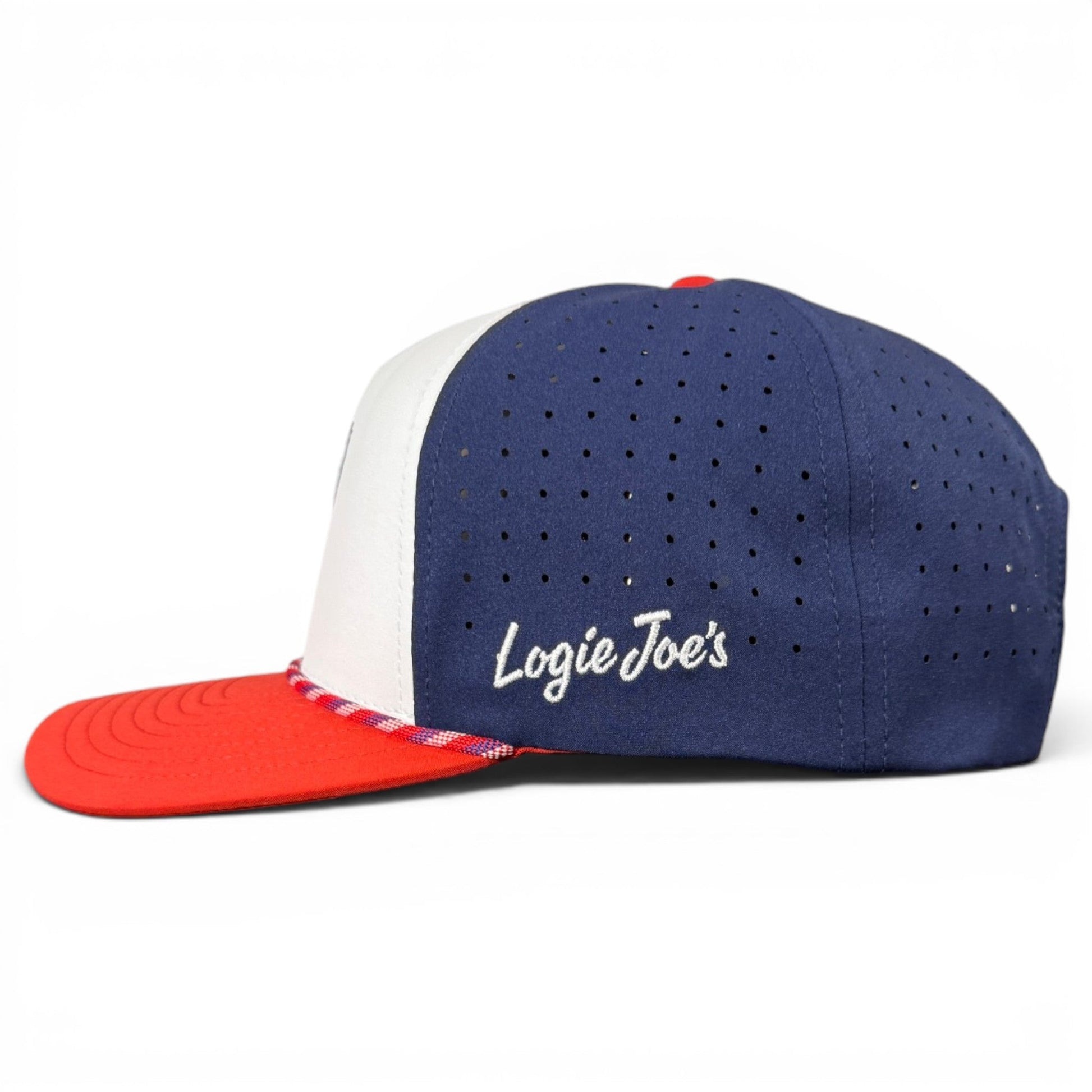 Navy snapback golf hat with white panel and 'Logie Joe's' script on side