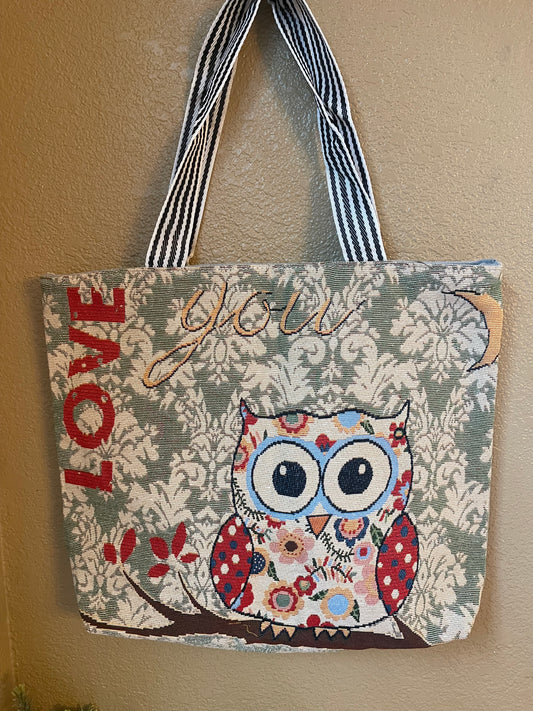 Canvas tote bag with owl print and striped webbing handles