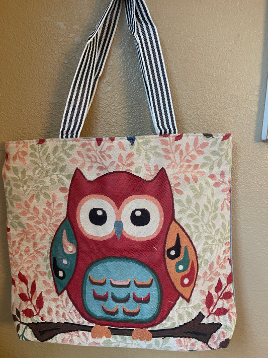 Canvas tote bag with owl floral print and striped shoulder straps, open top