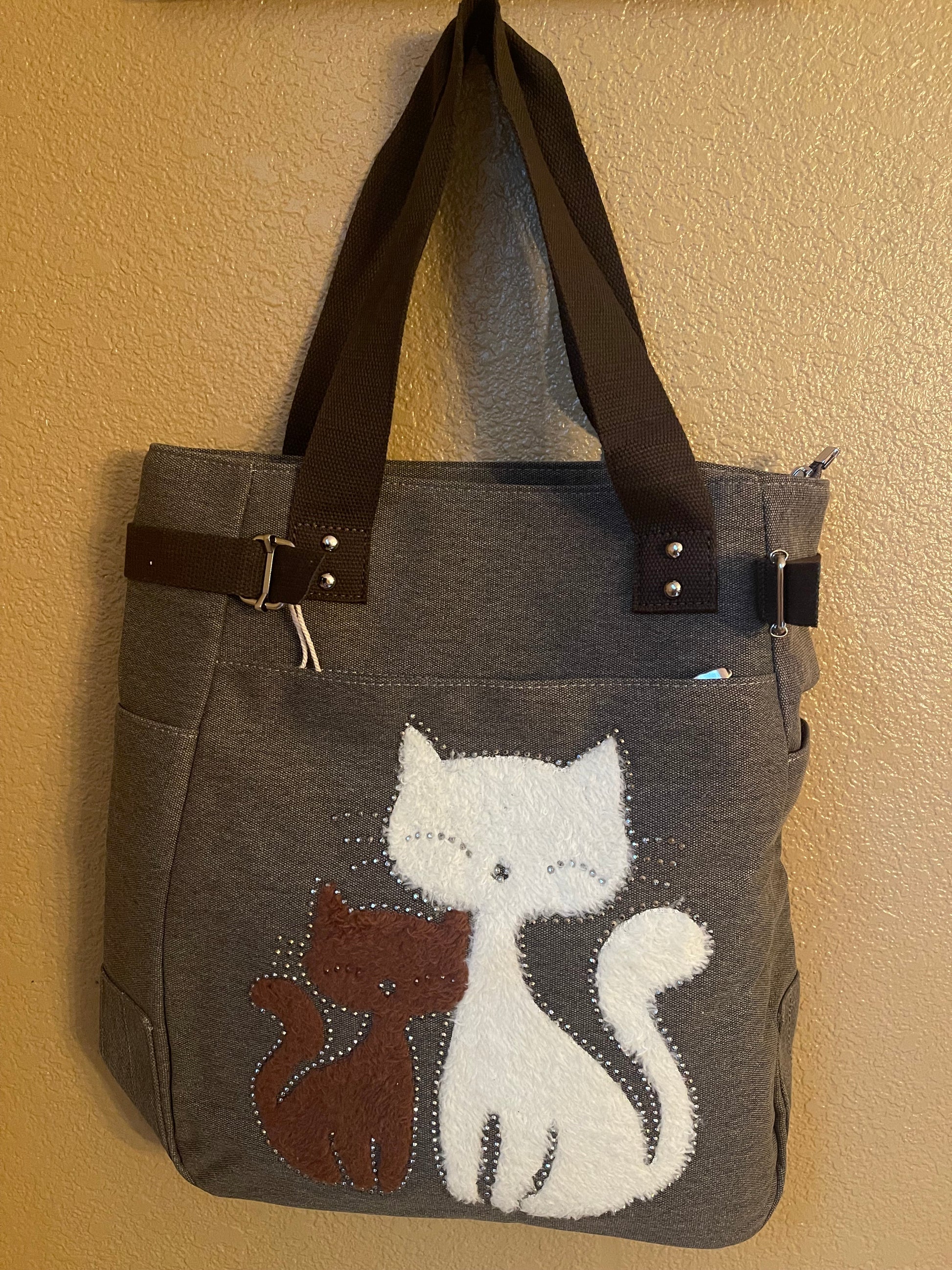 Gray canvas tote bag with cat and fox applique front