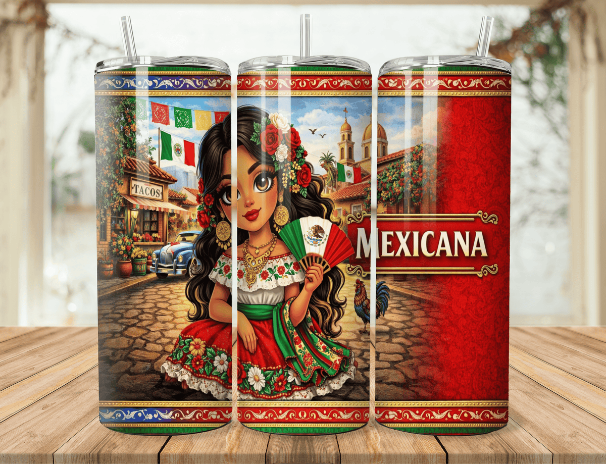20oz tumbler with Latina chibi holding drink; green dress and long black hair; Mexican theme