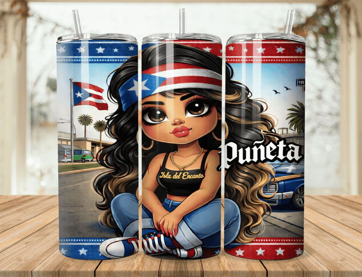 20oz tumbler with Latina chibi in blue jeans and long black hair; Puerto Rico flag colors