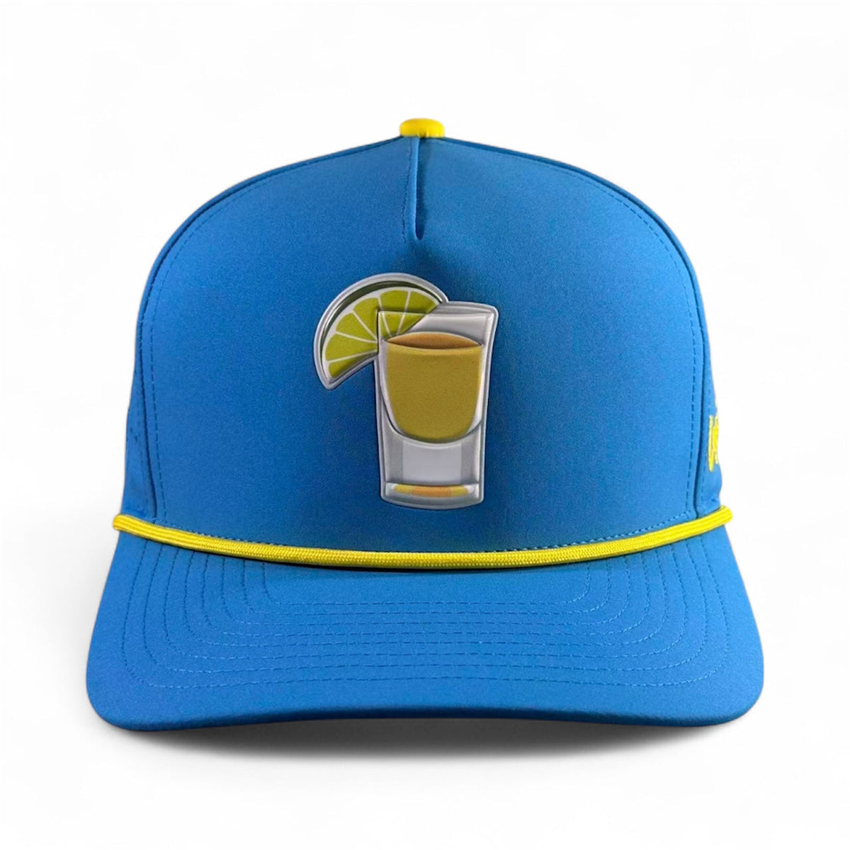 Blue snapback golf cap with yellow brim trim and front tequila-lime magnetic marker holder.