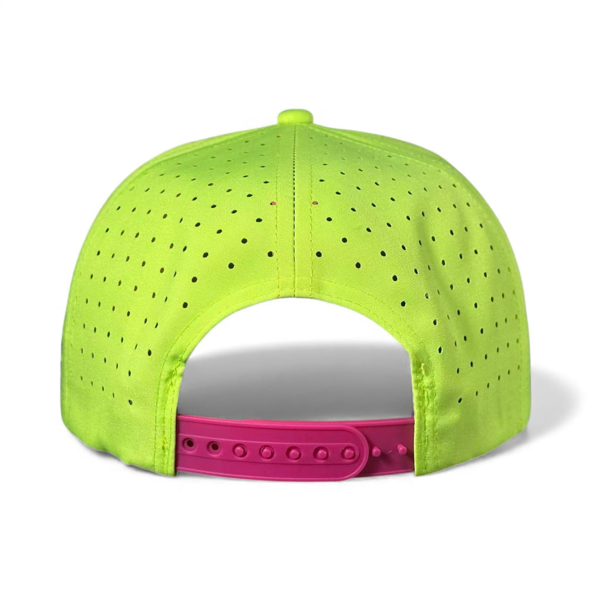 Snapback golf cap back view, neon green crown with pink adjustable strap