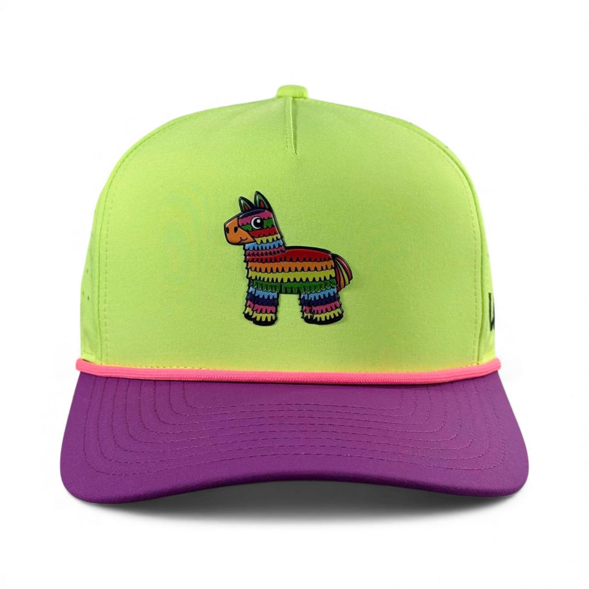 Snapback golf cap with neon green crown, purple brim, and embroidered llama patch