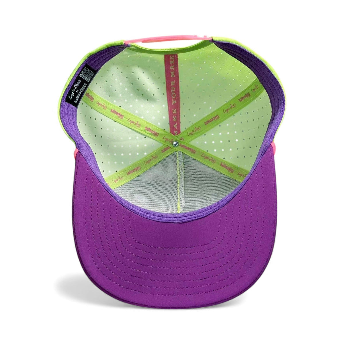 Snapback golf cap interior view with lime panels and purple brim underside