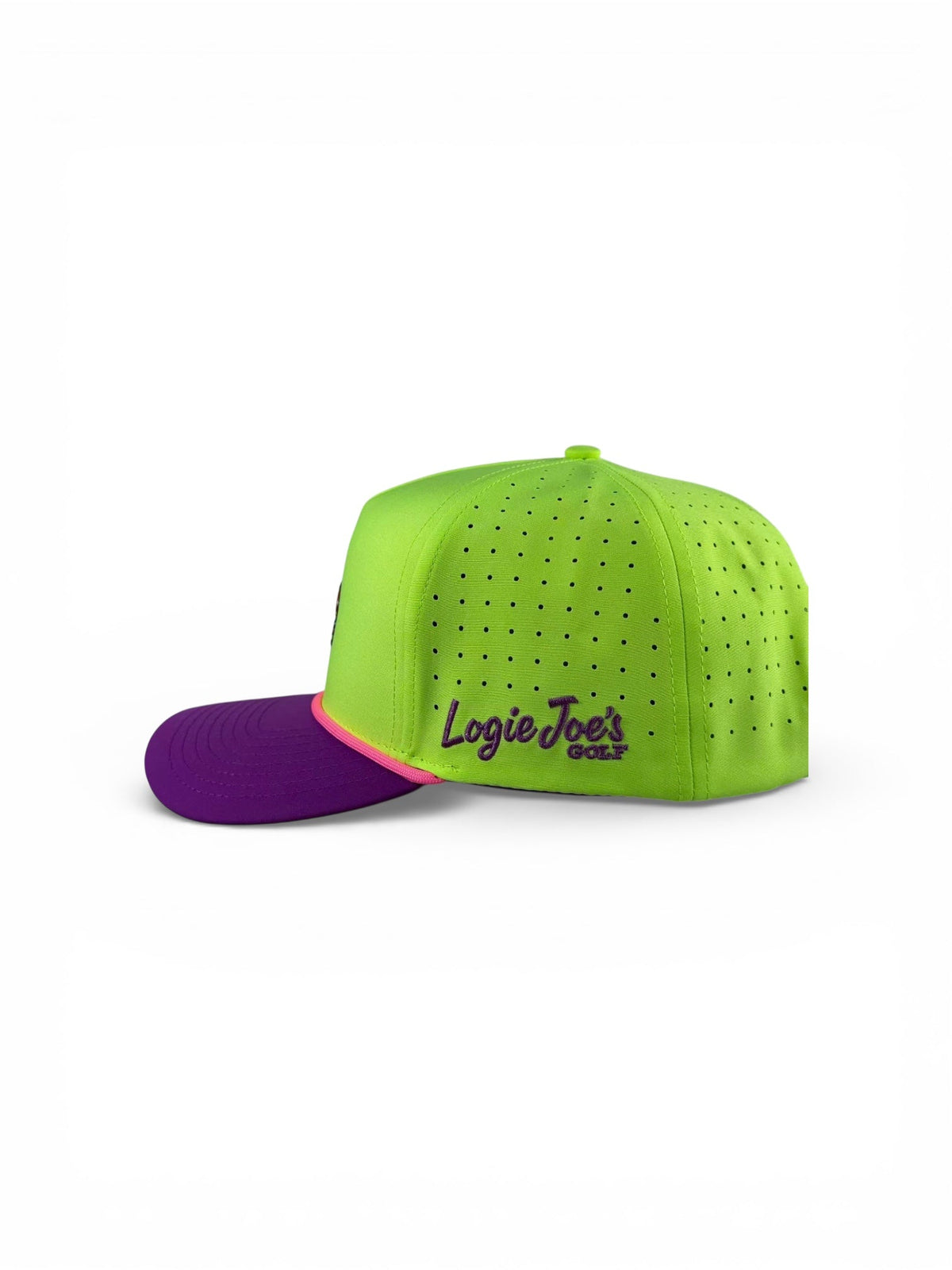 Neon green snapback golf cap with purple brim and small side logo text