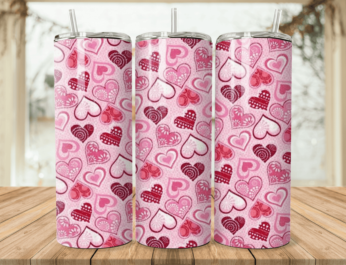 20oz stainless steel tumbler with pink heart patchwork pattern, clear straw