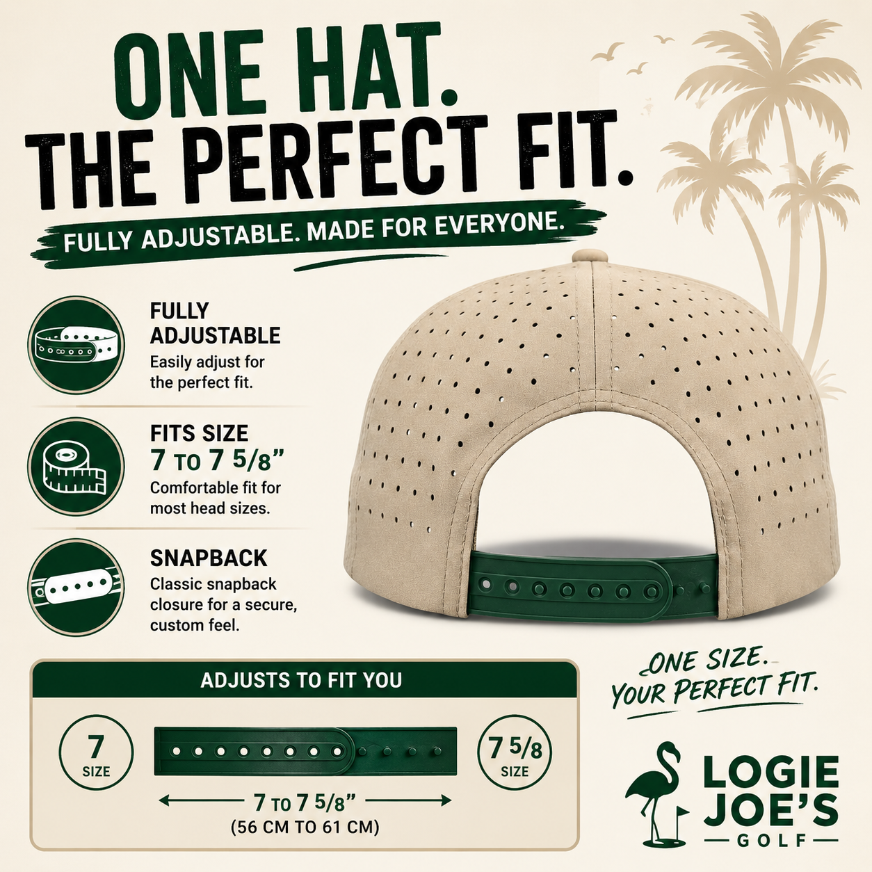 Beige golf snapback cap with perforations and adjustable snapback strap; one size fit